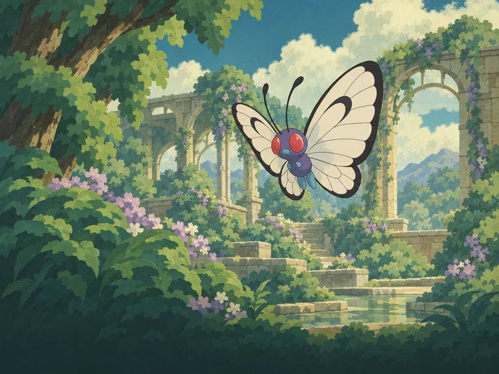 Butterfree in a painted cartoon bug environment