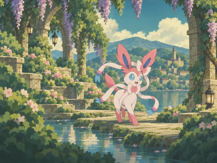 Sylveon in a painted cartoon fairy environment