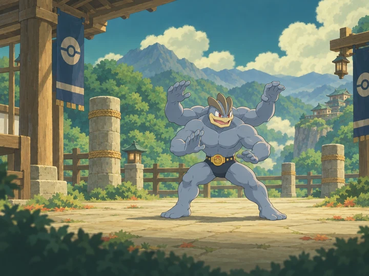 Machamp in a painted cartoon fighting environment