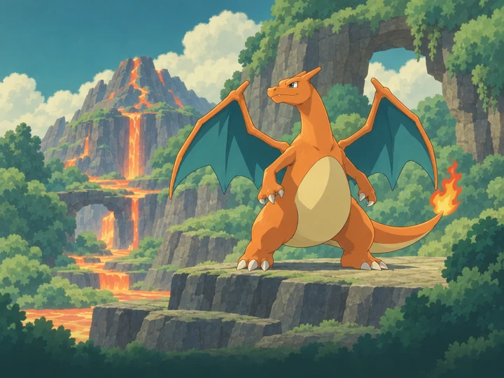 Charizard in a painted cartoon fire environment
