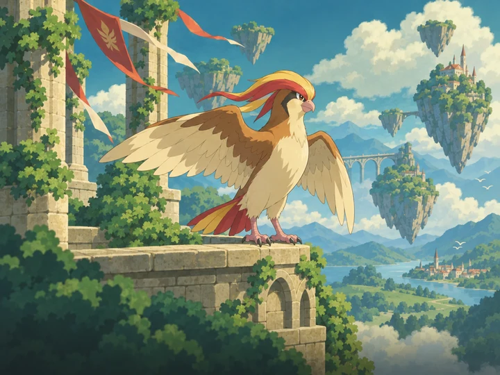 Pidgeot in a painted cartoon flying environment