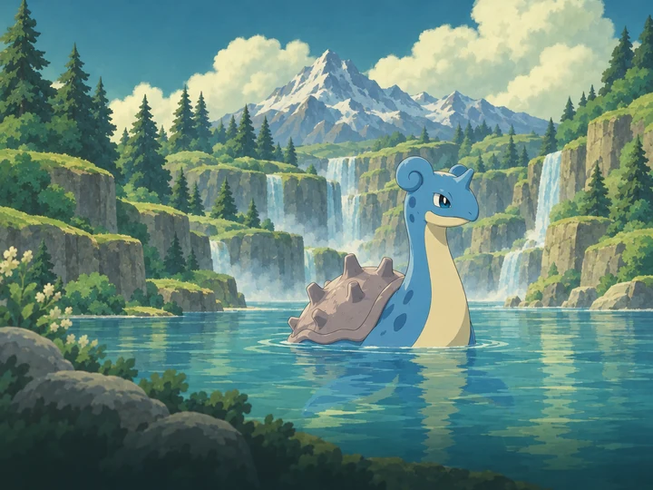Lapras in a painted cartoon ice environment