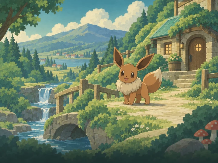 Eevee in a painted cartoon normal environment