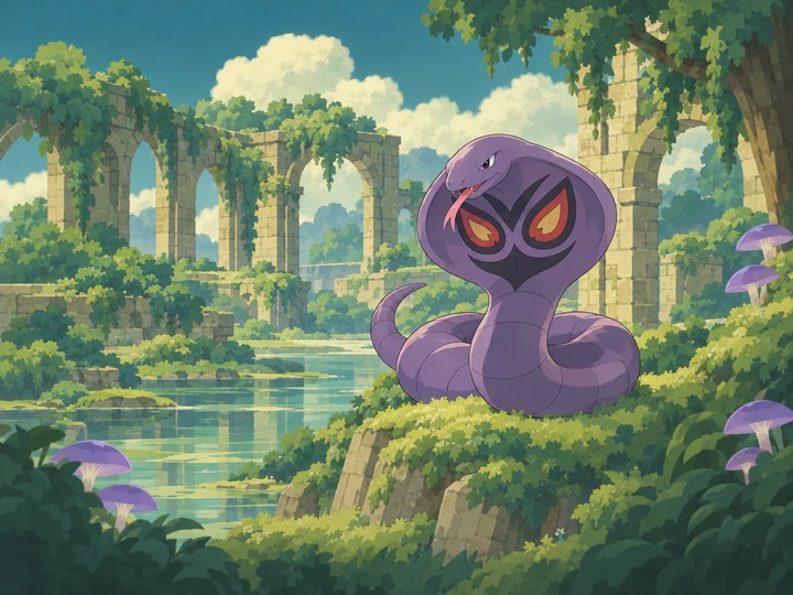Arbok in a painted cartoon poison environment
