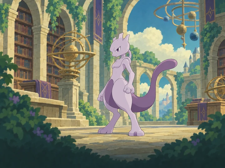 Mewtwo in a painted cartoon psychic environment