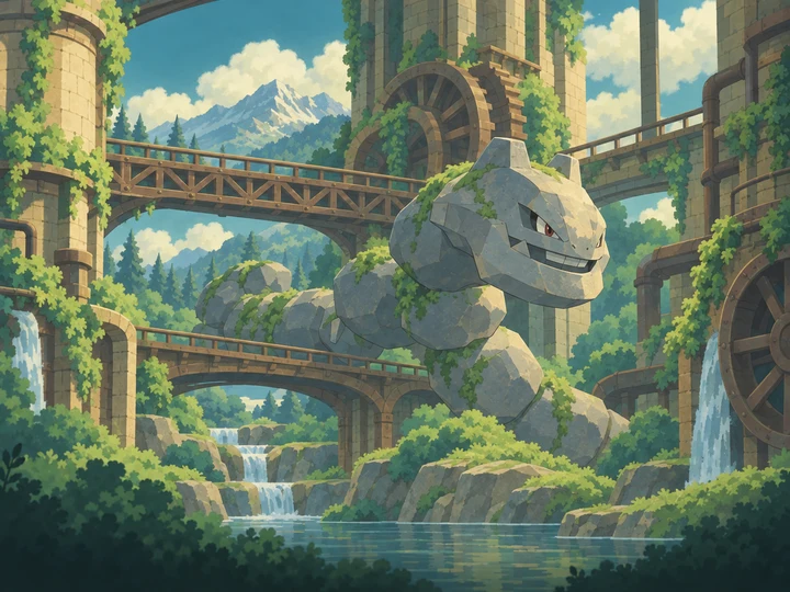 Steelix in a painted cartoon steel environment